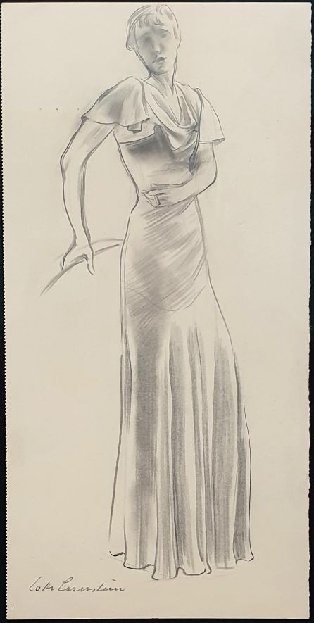 Modezeichnung I (Stehende Frau in langem Kleid mit Zigarette) Laserstein, Lotte