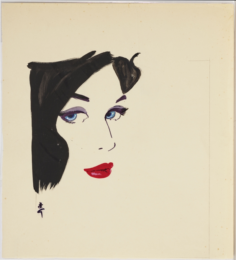 Dunkelhaarige Frau mit blauen Augen und rotem Lippenstift, 1967 Gruau, René