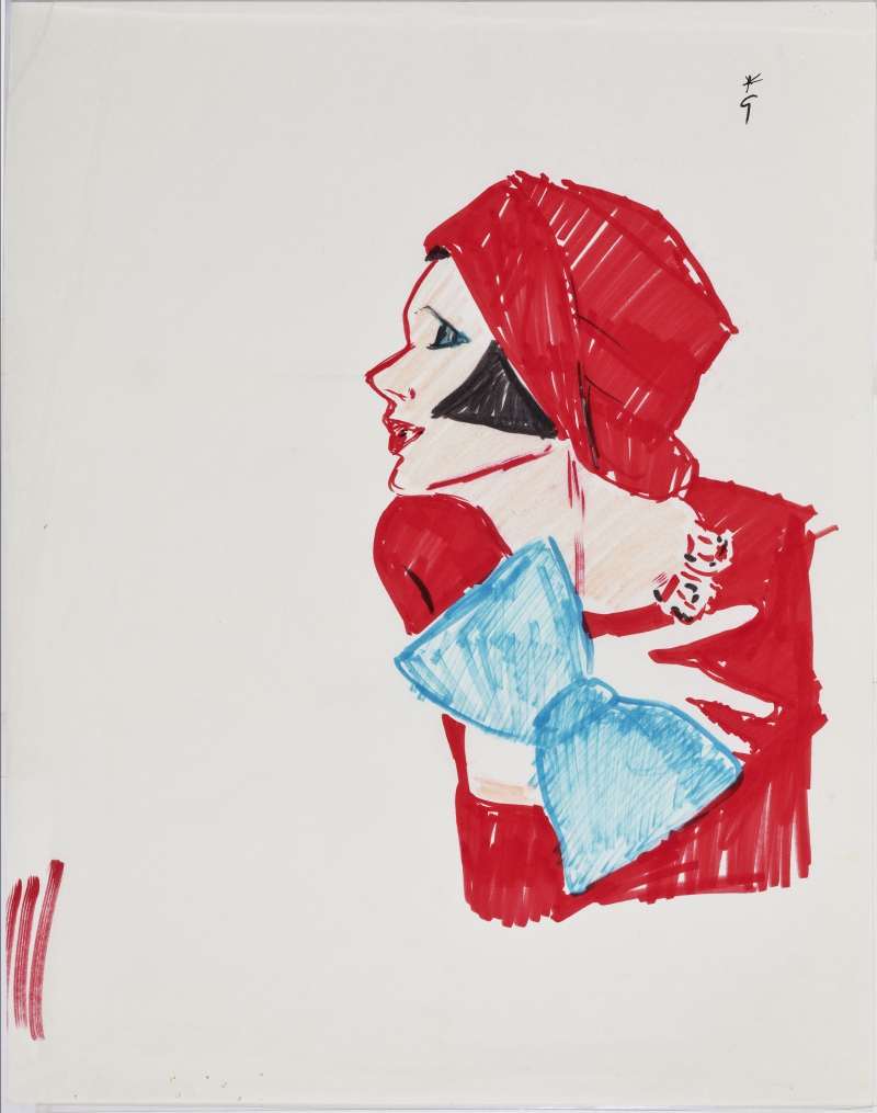 Frau im Profil mit rotem Hut und blauer Schleife, 1960er Jahre Gruau, René