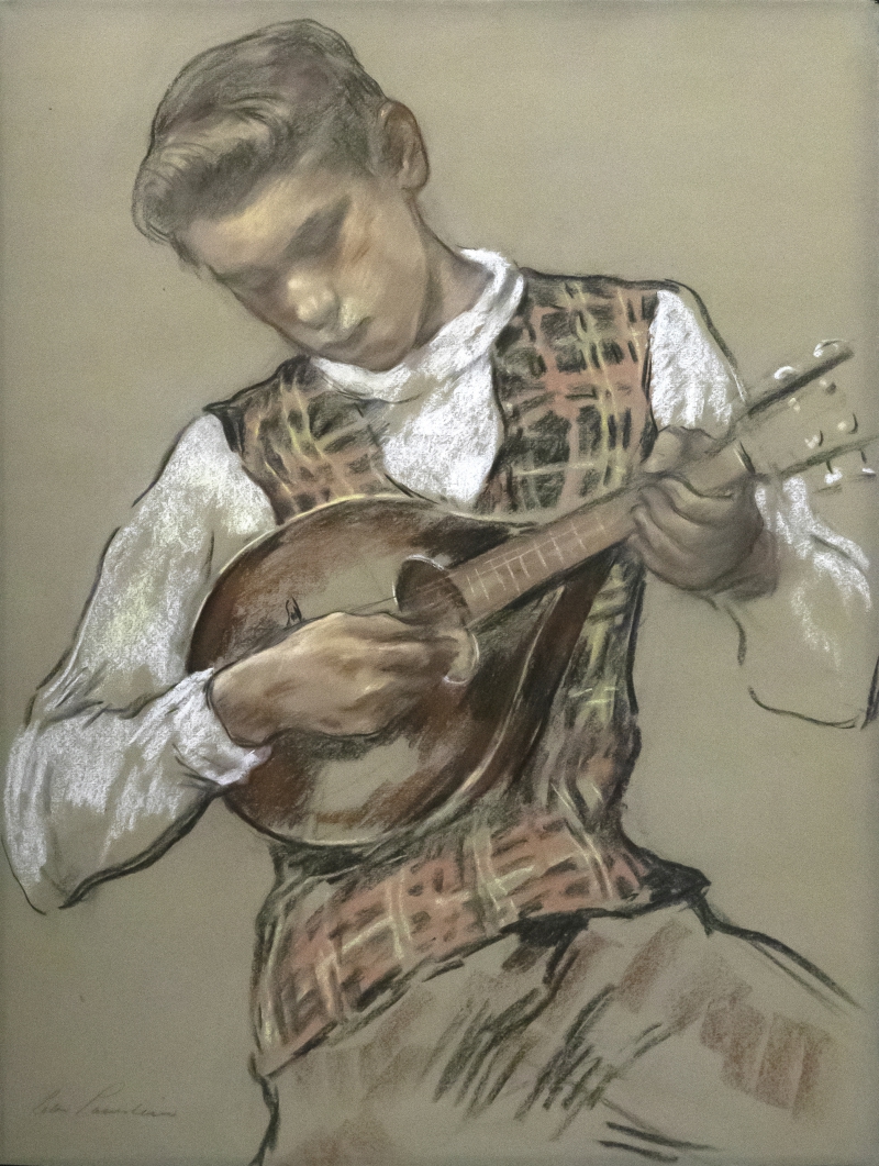 Junger Mandolinenspieler in karierter Weste, 195er/60er Jahre Laserstein, Lotte