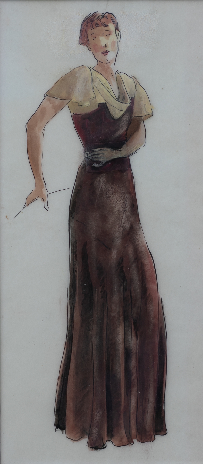Lotte Laserstein, MODEZEICHNUNG  BRAUNES KLEID. Gemalt um 1932, Wasserfarbe, Kreide und Tusche (Feder) auf Papier, 32 x 13 cm 