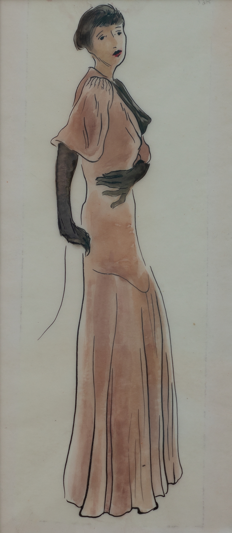 Lotte Laserstein, MODEZEICHNUNG. Gemalt um 1932, Wasserfarbe, Kreide und Tusche (Feder) auf Papier, 32 x 11,5 cm 