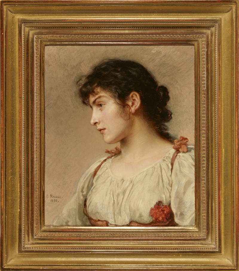 Zum Vergleich: Ludwig Knaus, JUNGE ITALIENERIN IM PROFIL, &Ouml;l auf Holz, 33 x 29 cm, signiert und datiert links unten: L. Knaus 1885 